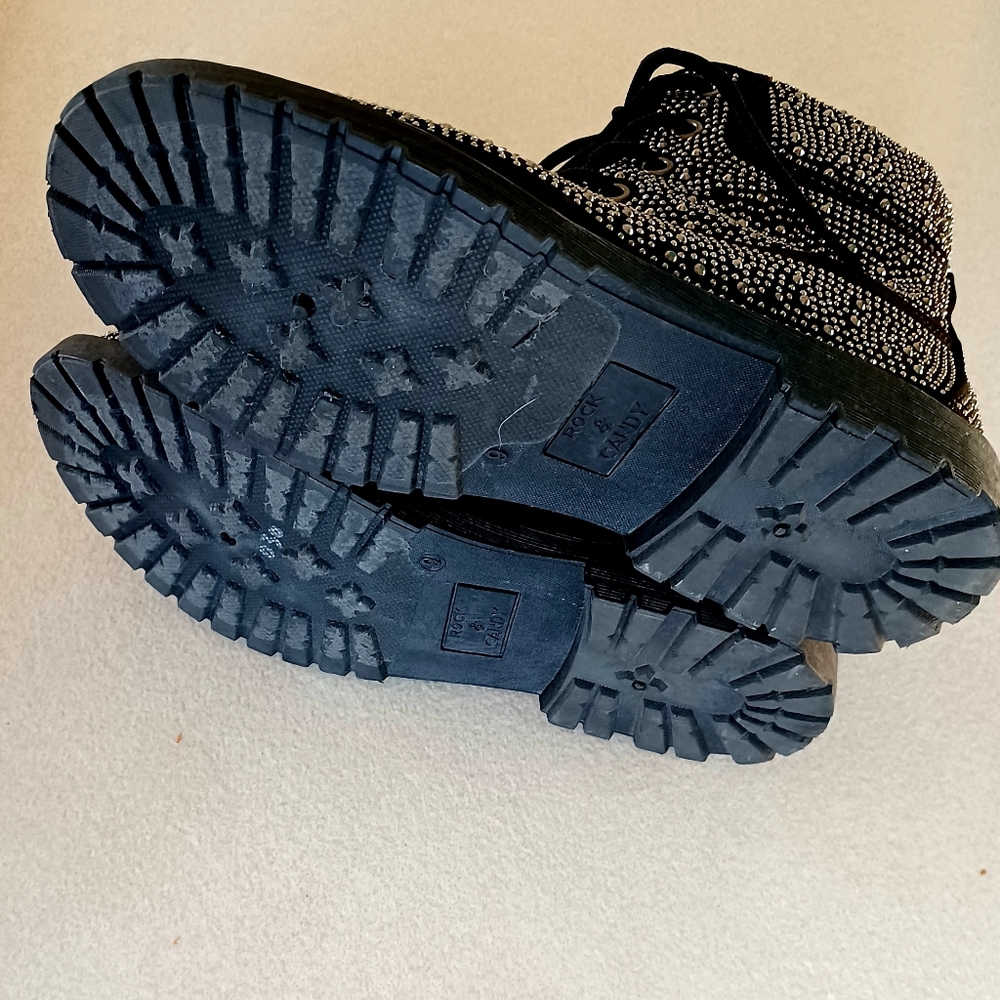 Rock & Candy Studded Rhinestone Black Biker BootsFaux fur linedWomen's Size 9 - Picture 9 of 12